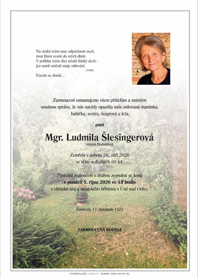 Smuteční oznámení – Mgr. Ludmila Šlesingerová