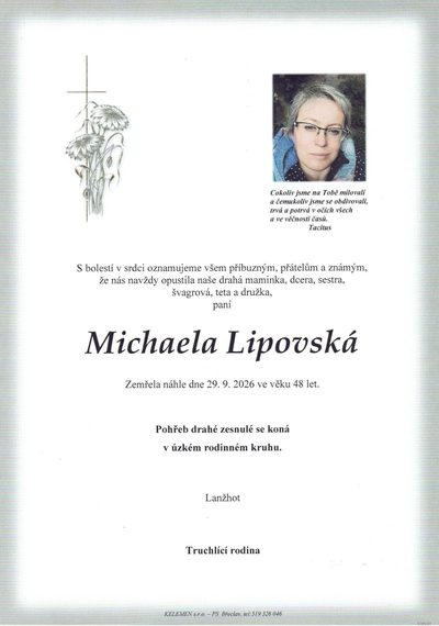 Smuteční oznámení – Michaela Lipovska