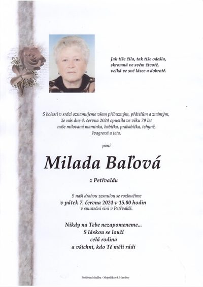 Smuteční oznámení – Milada Balová