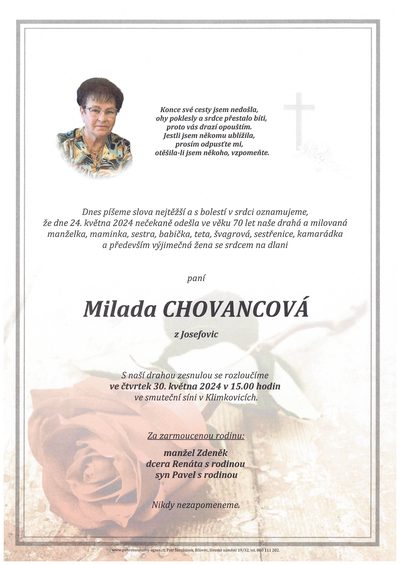 Smuteční oznámení – Milada Chovancová