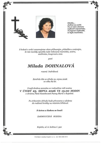 Smuteční oznámení – Milada Dohnalová