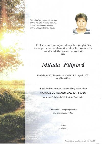 Smuteční oznámení – Milada Filipová