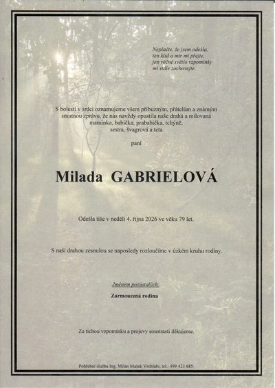 Smuteční oznámení – Milada Gabrielová