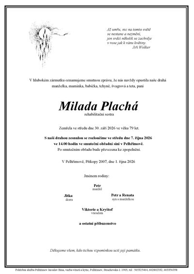 Smuteční oznámení – Milada Plachá
