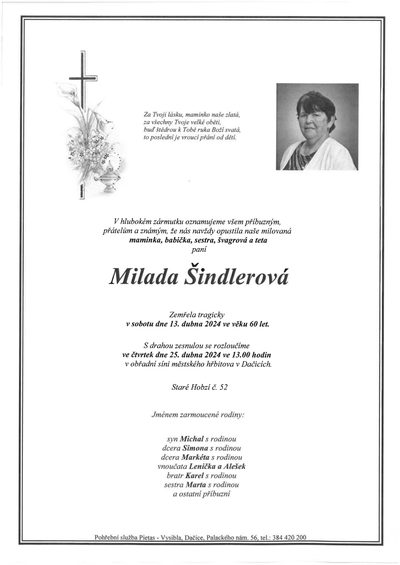 Smuteční oznámení – Milada Šindlerová