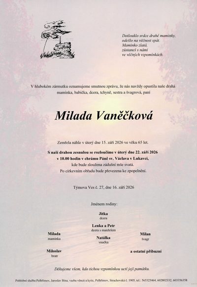 Smuteční oznámení – Milada Vaněčková