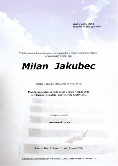 Smuteční oznámení – Milan Jakubec