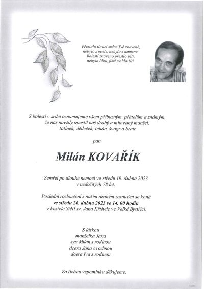 Smuteční oznámení – Milán Kovařík