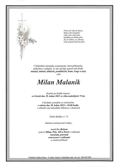 Smuteční oznámení – Milan Malaník
