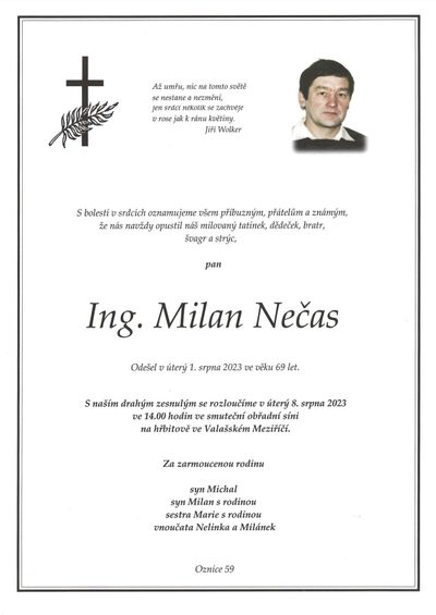 Smuteční oznámení – Ing. Milan Nečas