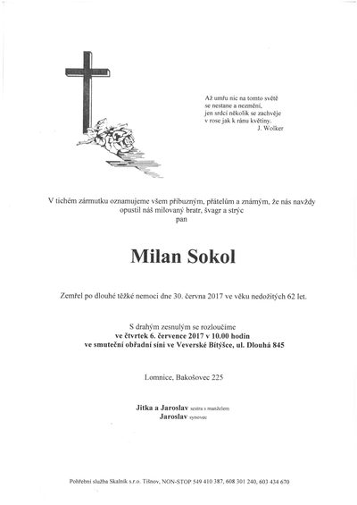 Smuteční oznámení – Milan Sokol