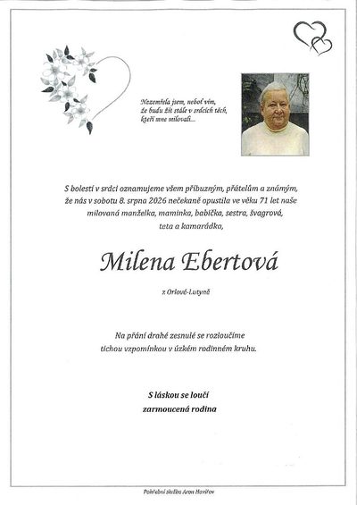 Smuteční oznámení – Milena Ebertová