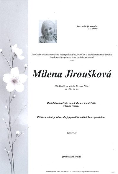 Smuteční oznámení – Milena Jiroušková