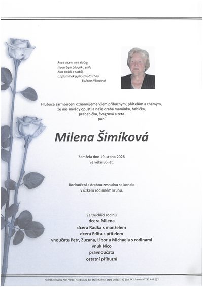 Smuteční oznámení – Milena Šimíková