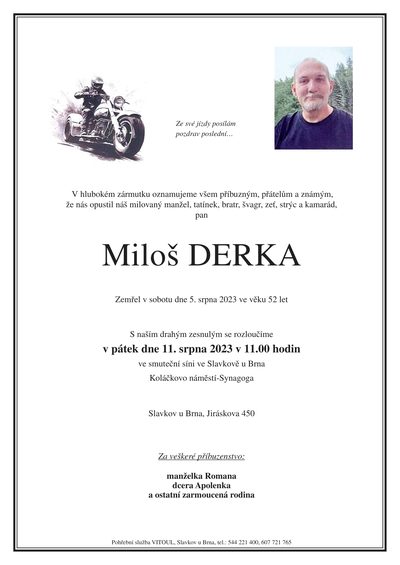 Smuteční oznámení – Miloš Derka