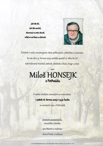 Smuteční oznámení – Miloš Honsejk