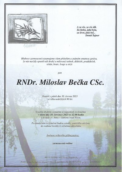 Smuteční oznámení – RNDr. Miloslav Bečka CSc.
