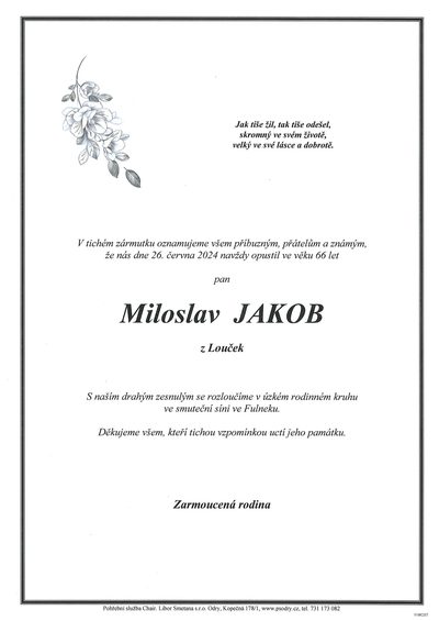 Smuteční oznámení – Miloslav Jakob