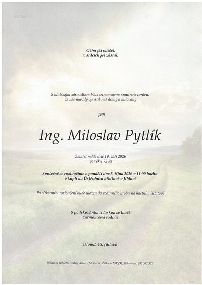 Smuteční oznámení – Ing. Miloslav Pytlík