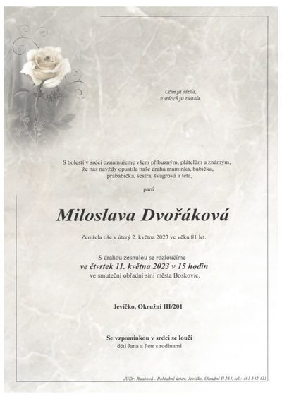 Smuteční oznámení – Miloslava Dvořáková