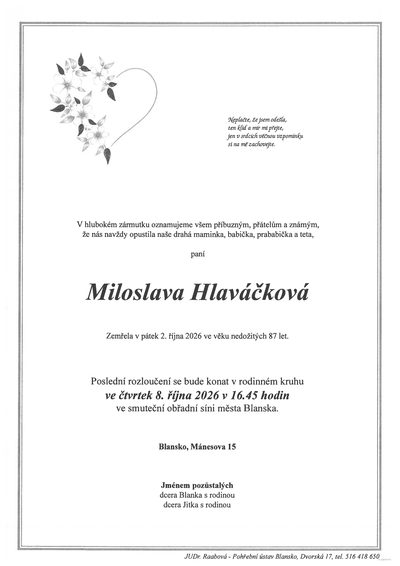 Smuteční oznámení – Miloslava Hlaváčková