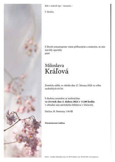 Smuteční oznámení – Miloslava Kraova