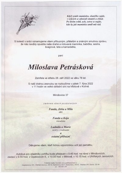 Smuteční oznámení – Miloslava Petrásková