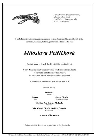 Smuteční oznámení – Miloslava Petříčková