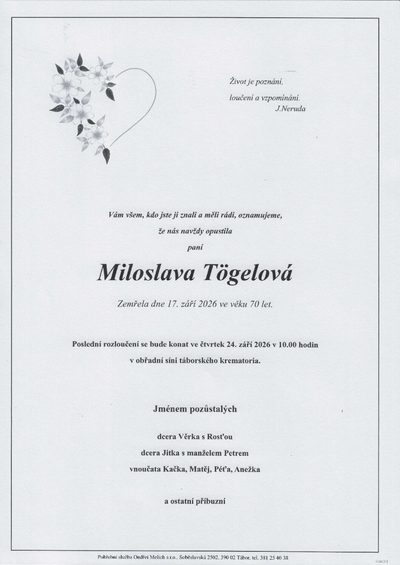 Smuteční oznámení – Miloslava Tögelová