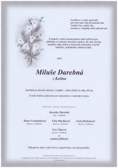 Smuteční oznámení – Miluše Darebná