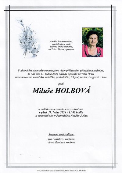 Smuteční oznámení – Miluše Holbová
