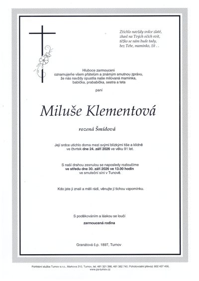 Smuteční oznámení – Miluše Klementová