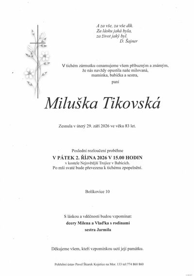 Smuteční oznámení – Miluška Tikovská