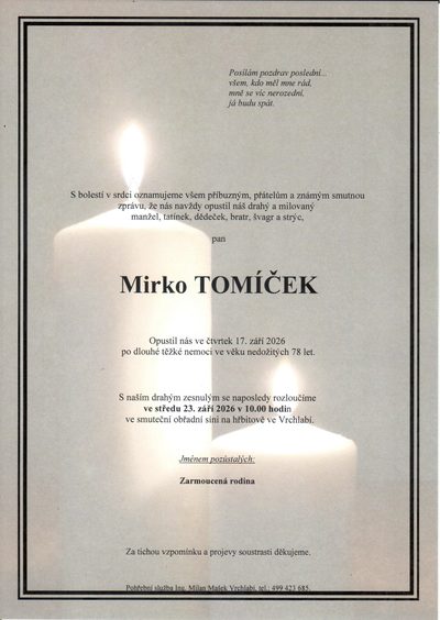 Smuteční oznámení – Mirko Tomíček