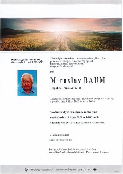 Smuteční oznámení – Miroslav Baum