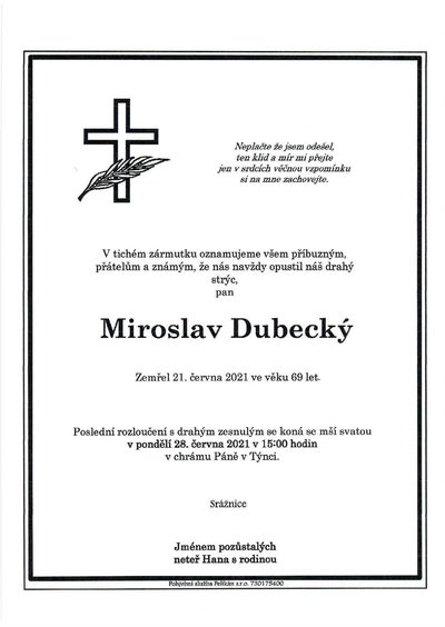 Smuteční oznámení – Miroslav Dubecký