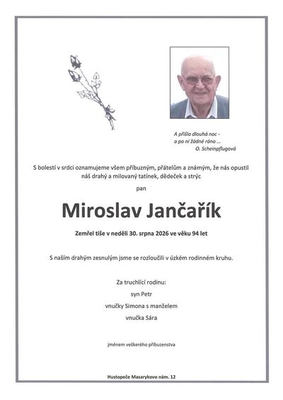 Smuteční oznámení – Miroslav Jančařík