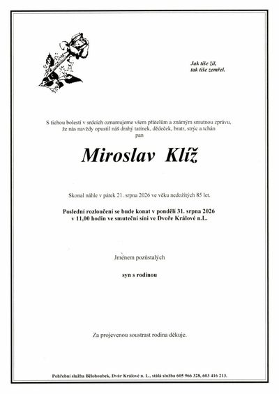 Smuteční oznámení – Miroslav Kliz