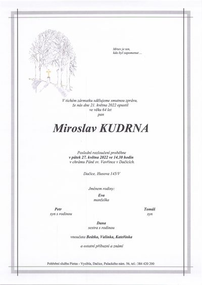 Smuteční oznámení – Miroslav Kudrna