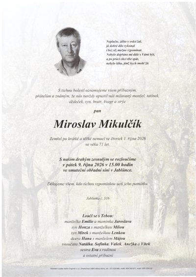 Smuteční oznámení – Miroslav Mikulčík