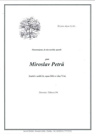 Smuteční oznámení – Miroslav Petrů