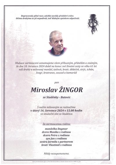 Smuteční oznámení – Miroslav Žingor