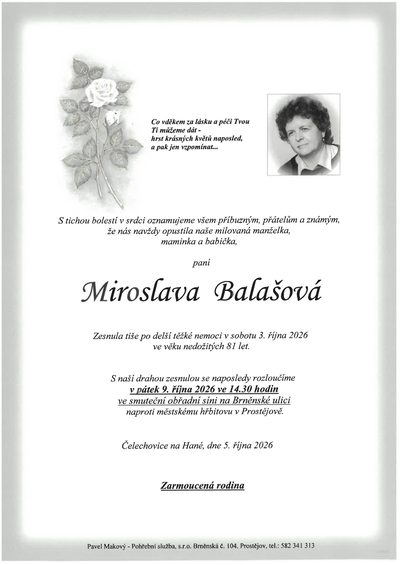 Smuteční oznámení – Miroslava Balašová