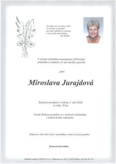 Smuteční oznámení – Miroslava Jurajdová