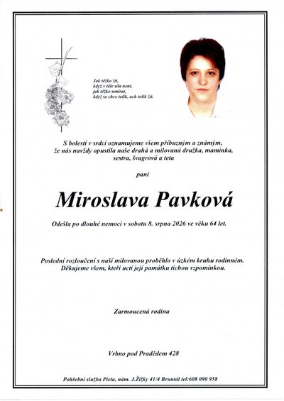 Smuteční oznámení – Miroslava Pavková
