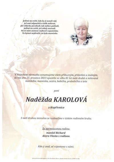 Smuteční oznámení – Naděžda Karolová
