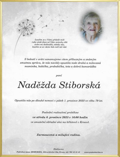 Smuteční oznámení – Naděžda Stiborská