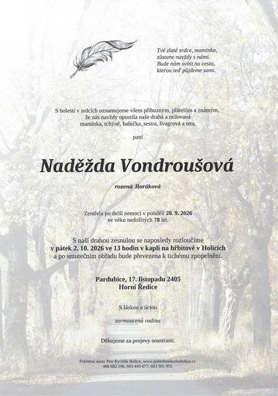 Smuteční oznámení – Naděžda Vondroušová