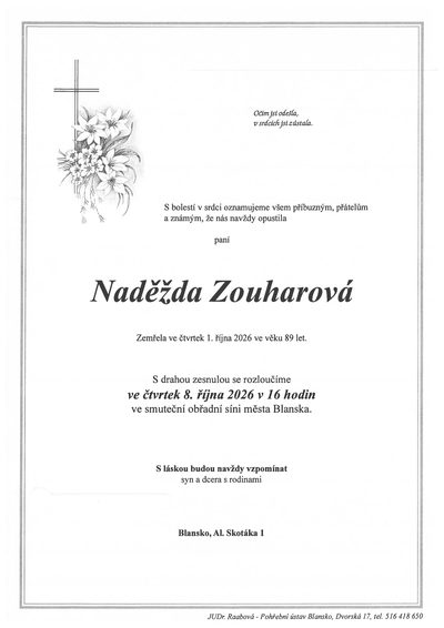 Smuteční oznámení – Naděžda Zouharová