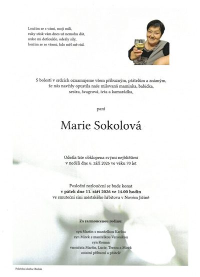 Smuteční oznámení – Neznámé Sokolová